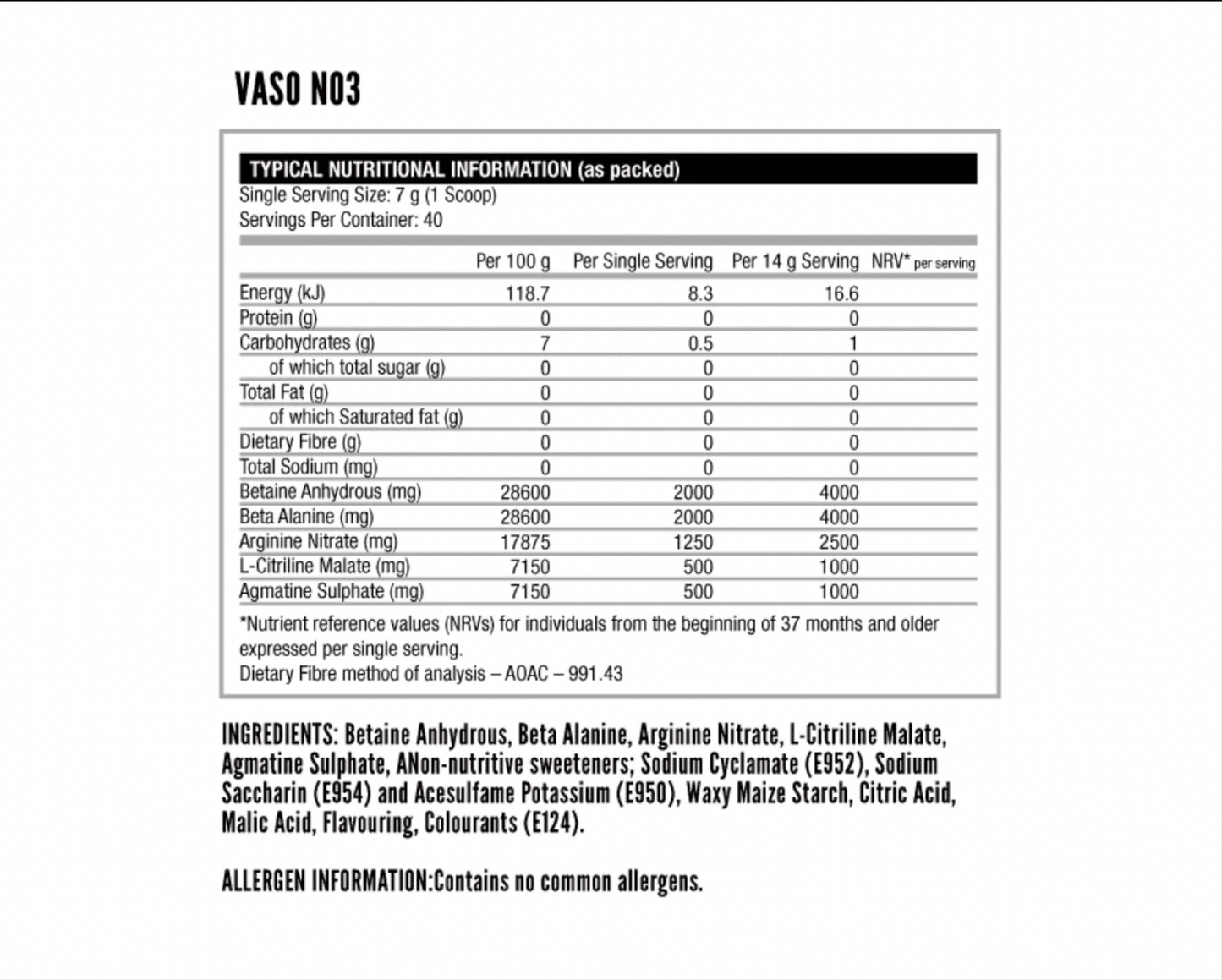 VASO NO3 40 Servings – Stim-Free Nitric Oxide Pre-Workout Concentrate